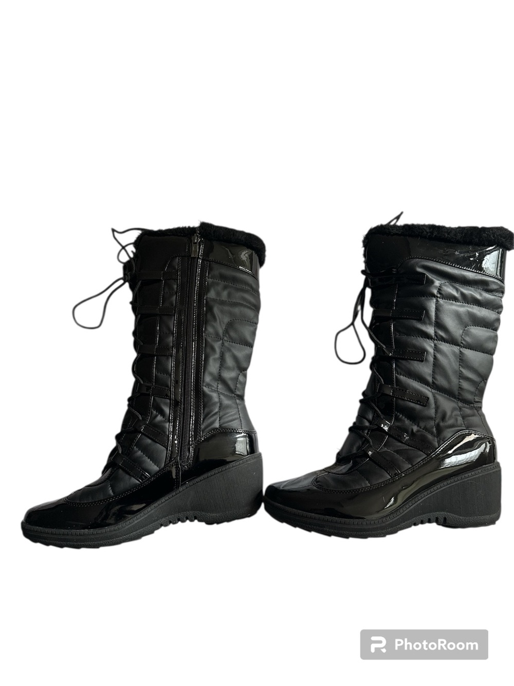 Aquatherm Women's Black Winter Mid-Calf Boots, with Faux Fur Collar, Size 9